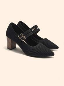 CUCCOO BASICS Zapatos de tacón alto grueso con punta puntiaguda y estilo Mary Jane con estampado de veta de madera negra para mujer, para uso cotidiano, citas, fiestas, vacaciones y compras