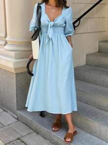 SHEIN VCAY Women's Simple Solid Color Sweetheart Neck Waist Cinched Summer Dress,Summer Outfits For Women,Summer Dresses For Women,Vacation Outfits Women,Summer Dresses,Sun Dresses For Women,Vacation,Women Summer Clothes - Blue - View 11