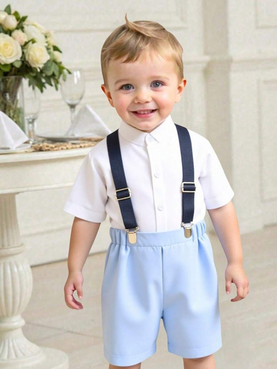SHEIN Toddler Boys' Gentleman Style Short Sleeve Shirt + Bib Shorts Set, Casual For Spring & Summer