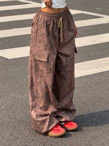 SHEIN EZwear Women's Branch Print Drawstring Waist Loose Fit Wide Leg Casual Pants - Multicolor - View 5
