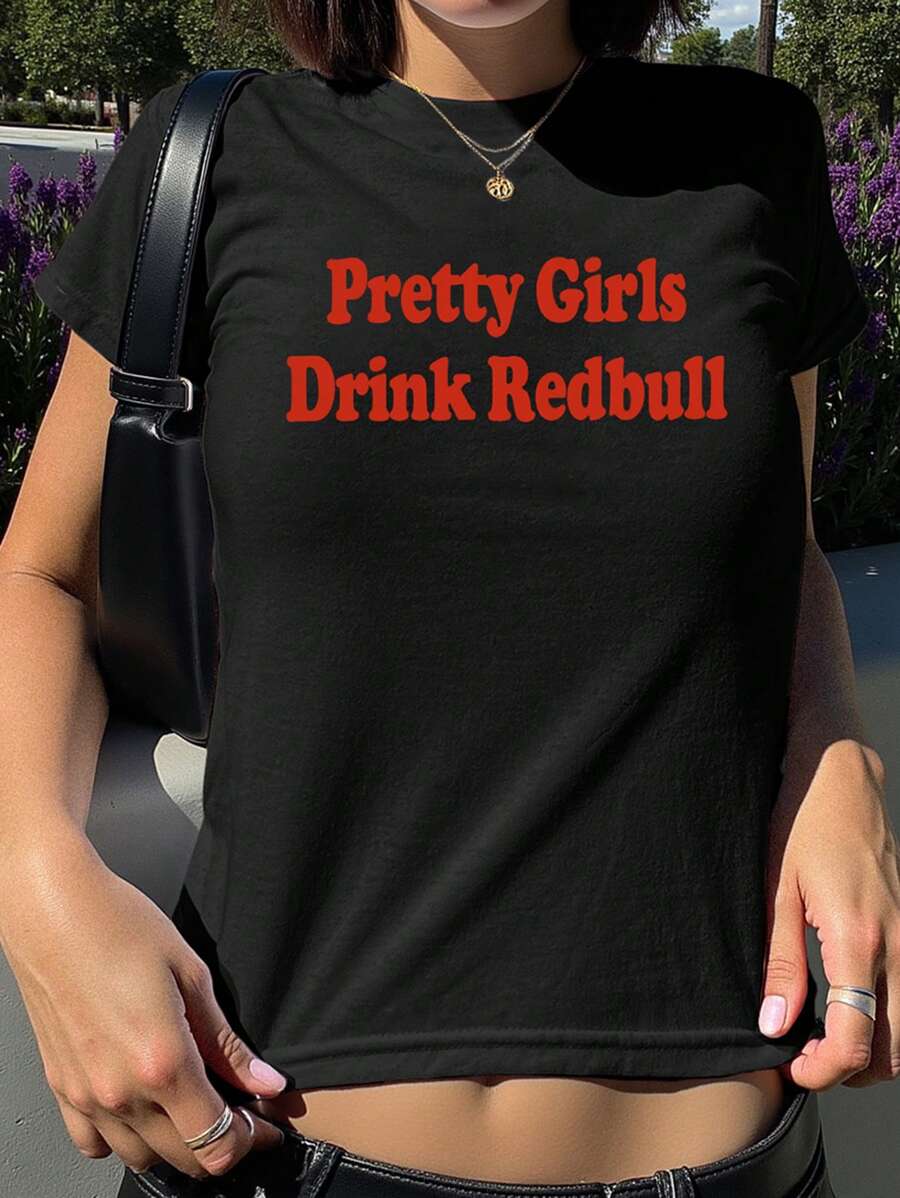 SHEIN EZwear Women's Casual Slogan Print Round Neck Cropped T-Shirt, Summer - Black - View 1