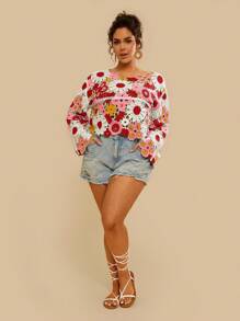 Travachic Áo cánh dài tay hở vai họa tiết hoa thêu nhiệt đới cỡ lớn cho nữ - Đỏ - Xem 4