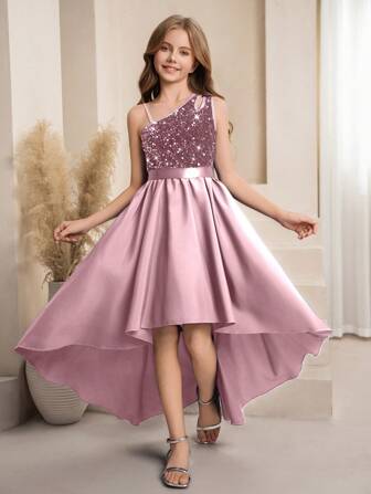 SHEIN Robe de demoiselle d'honneur Top de gamme à une épaule avec sequins, coupe évasée, ourlet inégal mi-long. Convient pour les mariages, les événements formels, les fêtes d'anniversaire