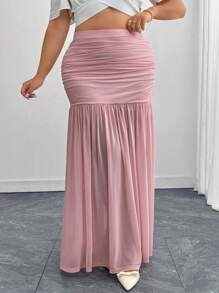 SHEIN Clasi Falda elegante de talla grande para mujer con detalle fruncido y bajo de cola de pez en unicolor - Rosa - Ver 5