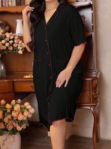 Côtesoire 对比色饰边纽扣休闲居家睡袍 - 黑色 - 查看 5