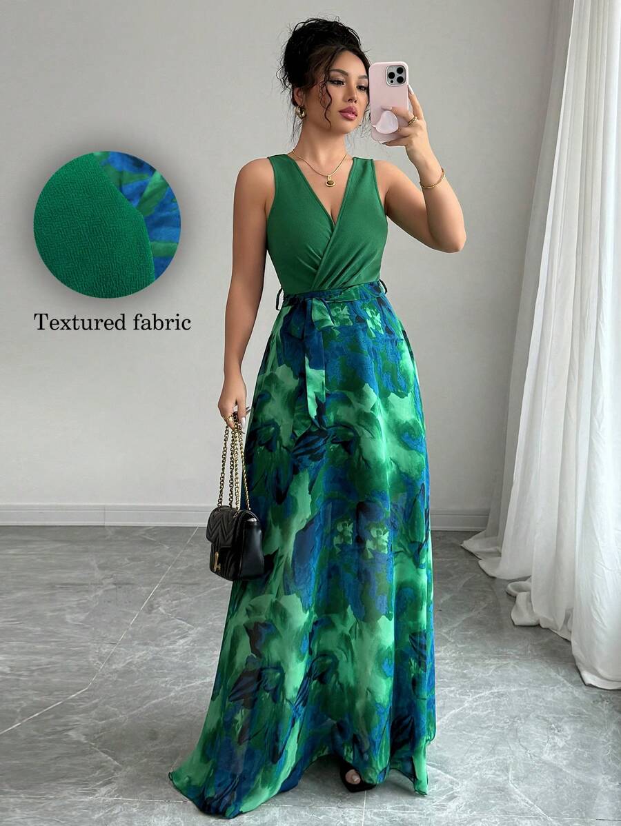 Selianne Abito elegante e romantico da donna, senza maniche, con scollo a V, in vita stretta, con stampa floreale - Multicolore - Visualizzare 1
