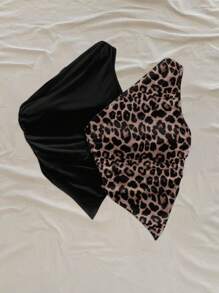 Soleia Set de 2 tops cortos con cuello asimétrico y bajo asimétrico con estampado de leopardo, adecuado para vacaciones/estilo de resort - Multicolor - Ver 4