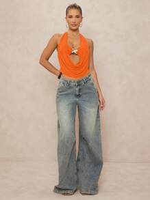 Lumalex 女式前扭金属花卉装饰深垂领垂领紧身上衣 - 橘色 - 查看 5