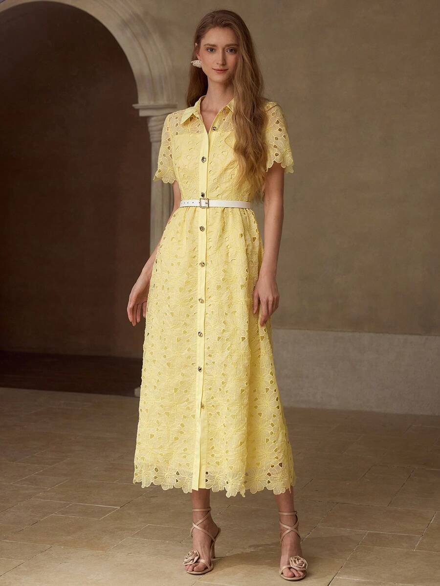 MOTF PREMIUM LACE BELTED DRESS - Yellow - View 1