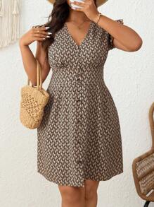 SHEIN Frenchy Abito casual con arricciatura in vita, stampa floreale e maniche a capp per vacanze, taglie comode