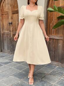 SHEIN Privé Plus Size Women's White Simple Fashion Square Neck Puff Sleeve Midi A-Line Dress, Summer