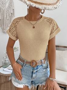 SHEIN LUNE Kaos Lengan Pendek Kasual Berkerah Bulat dengan Desain Berongga Warna Polos, Cocok untuk Musim Panas - Khaki - View 7