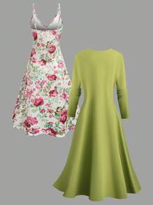 EMERY ROSE 时尚欧美风印花无袖开衫背心套装 绿色 - 綠色 - 查看 2