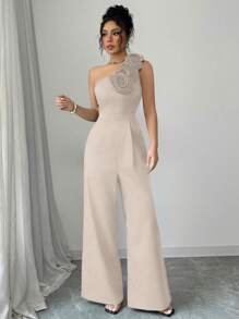 Rafferiza Tuta elegante da donna a colore uniforme, con colletto asimmetrico e fiori 3D, aderente