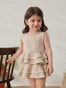 Blossori Baby Mädchen elegantes Set aus Khaki Rüschen-Dekor Top und Shorts, Frühling/Sommer - Khaki - Übersicht 3