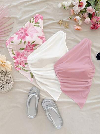 Soleia Set de 3 blusas casuales de mujer, con estampado floral y unicolor blanco/rosa, adecuadas para el verano