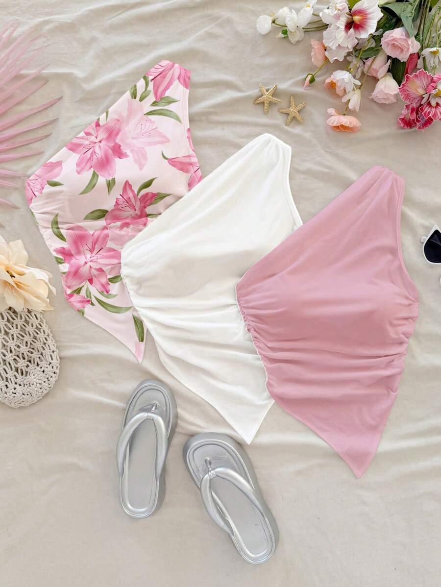 Soleia 3pcs/Set Casual Simple Floral Print & Solid Color White/Pink Women Top, Suitable For Summer Suitable For Going Out