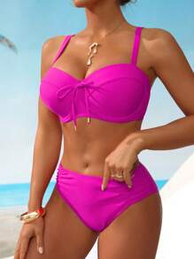 Swim DD+ Bộ đồ bơi mùa xuân cho nữ có dây lưng, nơ phía trước, nâng ngực đến cúp D/DD, quần short xếp ly hai bên, bikini thời trang ngày lễ 2 món - Màu Hồng Tươi - Xem 4