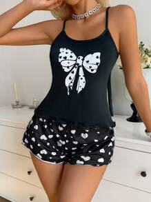 SHEIN Pyjama-Set aus Camisole und Shorts mit Herz- und Schleifenmuster für Damen