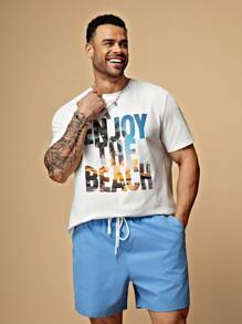 EASEVO Men's Plus Size Casual Letter Print Knit T-Shirt And Shorts Set