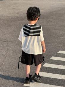 Jungen Lässiges koreanisches, charmantes Markenlogo Muster Rundhals Kurzarm gestreifter Pullover T-Shirt, geeignet für Pendeln, Schule, Alltag, Reisen, Sport, und passend für Frühling, Sommer, Herbst, Winter