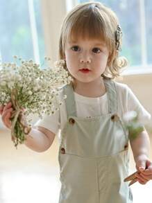 SHEIN Baby Girl Spring/Summer Mint Green Casual Pants, Ditsy Floral Patched Ankles, Countryside Style Jumpsuit - Mint Green - View 5
