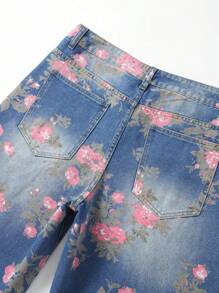 ROMWE MEN Men's Floral Print Patch Pocket Distressed Loose Casual Denim Shorts, Vacation - Blue - View 3