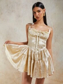 COSMINA Women's Ballet Bow Contrast Lace Ruffle Hem Short Summer Vintage Flowy Dress - Khaki - View 10