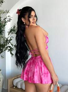 SHEIN SXY 女士度假扎染短款露背上衣和百褶迷你裙两件套，性感，女士春季服装，度假，女士套装，度假两件套，海滩度假服装，伊比萨岛服装，粉色，性感 - 彩色 - 查看 7