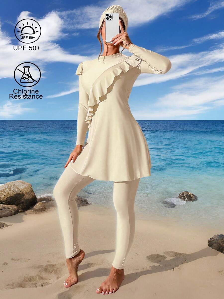 Swim Mulvari 2pcs Ruffle Trim Solid Color Strapless Burkini Set With Long Pants For Summer Beach Vacation - Beige - View 1
