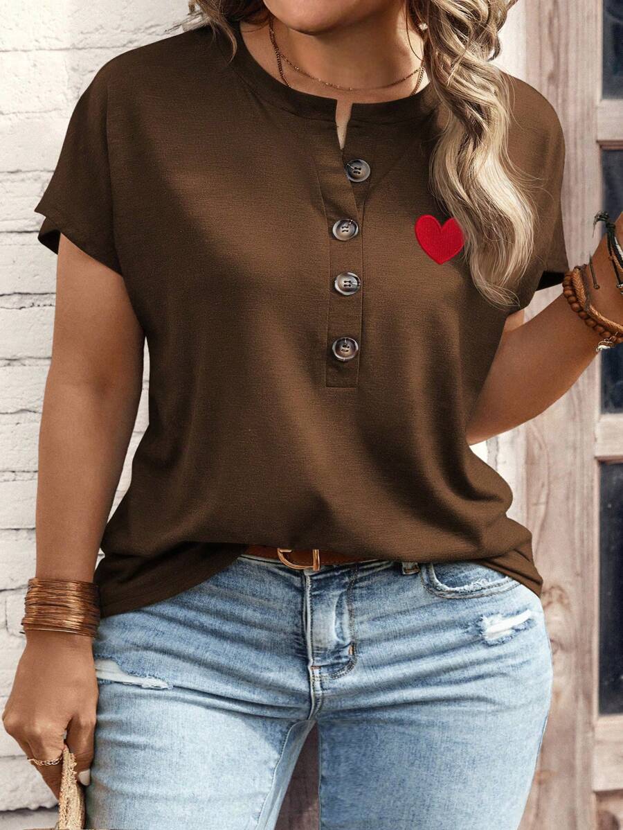 SHEIN LUNE Women Plus Size Casual Heart Printed Short Sleeve Knitted T-Shirt - Brown - View 1