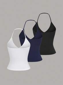 Sweetra 3pcs Women's Casual Versatile Halter Neck Solid Color Tank Top Set - Multicolor - View 2