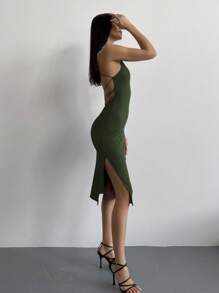 Aloruh 女式简约性感露背系带侧开衩中长连衣裙 - 墨綠色 - 查看 5