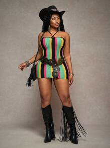 Slaydiva Vestito canotta mini a righe all'uncinetto - G, ideale per le vacanze estive