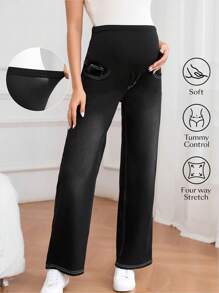 SHEIN Maternity Washed High Waist Straight Leg Jeans - Black - View 1