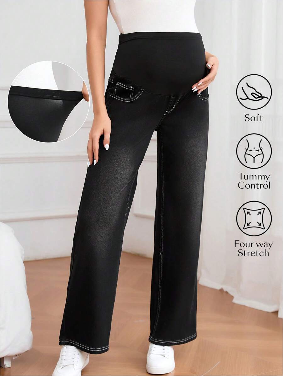SHEIN Maternity Washed High Waist Straight Leg Jeans - Black - View 1