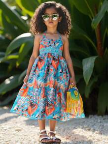 SHEIN Young Girls' Printed Strap Dress For Spring And Summer - Multicolor - View 1