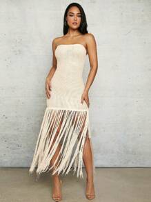 Silquee Island Girl 钩针长裙罩衫杏色亚麻露肩春夏度假海滩超长流苏迷你钩针连衣裙 - 杏色 - 查看 3