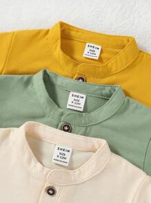 SHEIN 3pcs Baby Boy Vintage Cool Colorblock Collared Short Sleeve Top, Spring/Summer - Multicolor - View 3