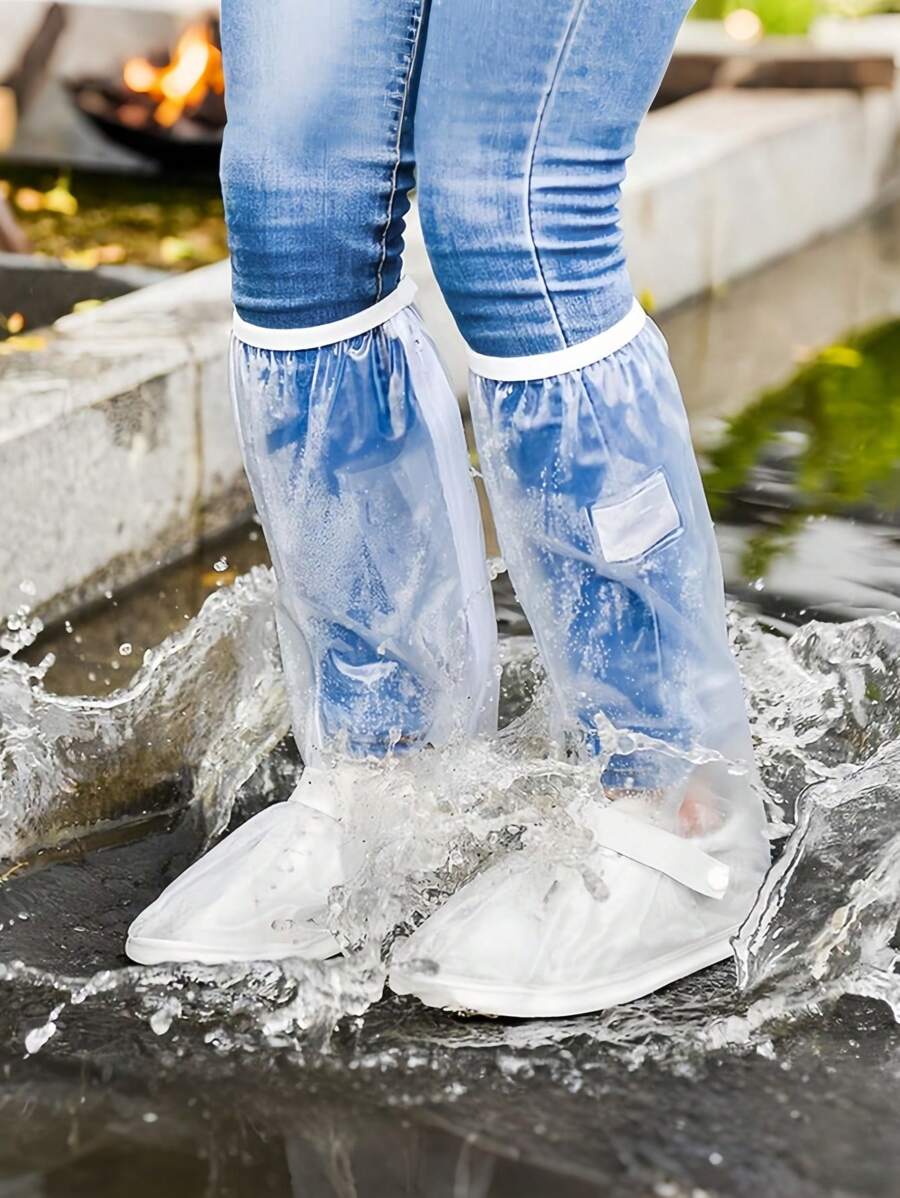 1 Pair Of White Transparent Foldable Portable Rain Shoe Covers, Non-Slip And Waterproof High-Top Shoe Covers, Various Sizes Suitable For Outdoor, School, Office, Home, Travel, Cycling, Shoe Storage On Rainy Days