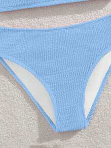 SHEIN Conjunto de bikini modesto para niñas preadolescentes, traje de baño de tejido de punto con textura de ola, para vacaciones, natación y playa en verano - Azul - Ver 4