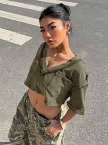 SHEIN EZwear Áo thun dệt kim ngắn màu xanh ô liu thường ngày dành cho nữ, mùa hè - xanh quân đội - Xem 6