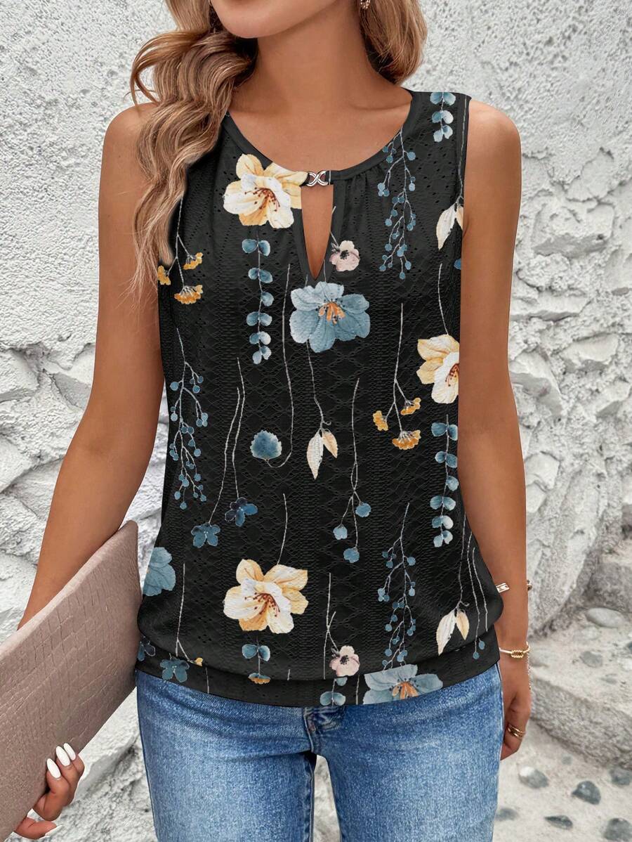 EMERY ROSE Women's Summer Casual Holiday Embroidered Jacquard Jacquard Drop Keyhole Neck Top - Black - View 1