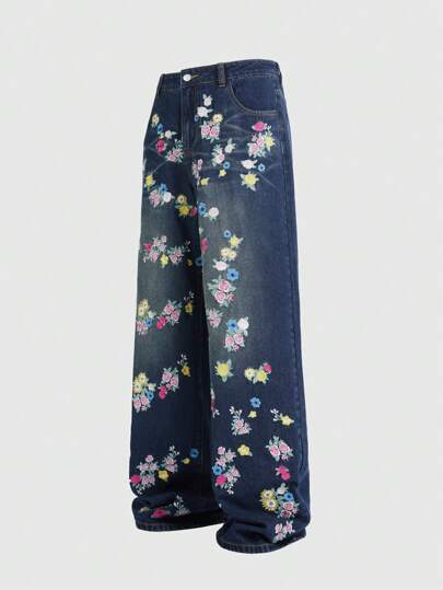 Street Life Pantalones vaqueros holgados y casuales con estampado floral y bolsillo lateral, versátiles