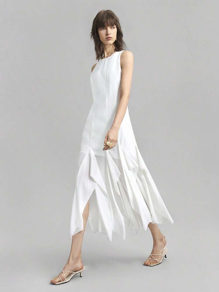 2025 Spring & Summer Women Solid Color Round Neck Sleeveless Ruffled Hem Dress, Elegant Ladies Summer Dress, Spring Dress, Mid-Length Dress, Graduation Dress, Vacation Dress