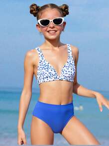 SHEIN Tween Girls Summer Beach Vacation Matching Print Swimsuit Set, Cute Casual Outfit Suitable For Beach Holiday