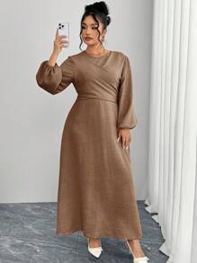 Modelyn Plus Size Simple Elegant Textured Lantern Sleeve Dress - Khaki - View 3