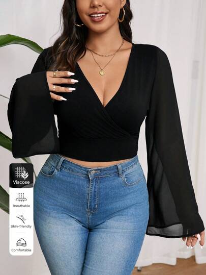 SHEIN Frenchy Elegant Minimalist Black Chiffon Patchwork Flare Sleeve Blouse For Plus Size Women, Autumn