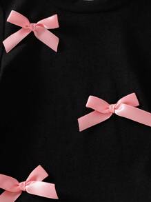 Baby Girls' Casual Korean Style Cute White Round Neck Knitted Short Sleeve Blouse With Bow Decor, Summer - Black - View 5