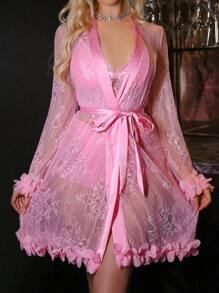 SilkySpell مجموعة ملابس نوم نسائية مثيرة مصنوعة من التطريز والبناطيل الحريرية - وردي - مشاهدة 4